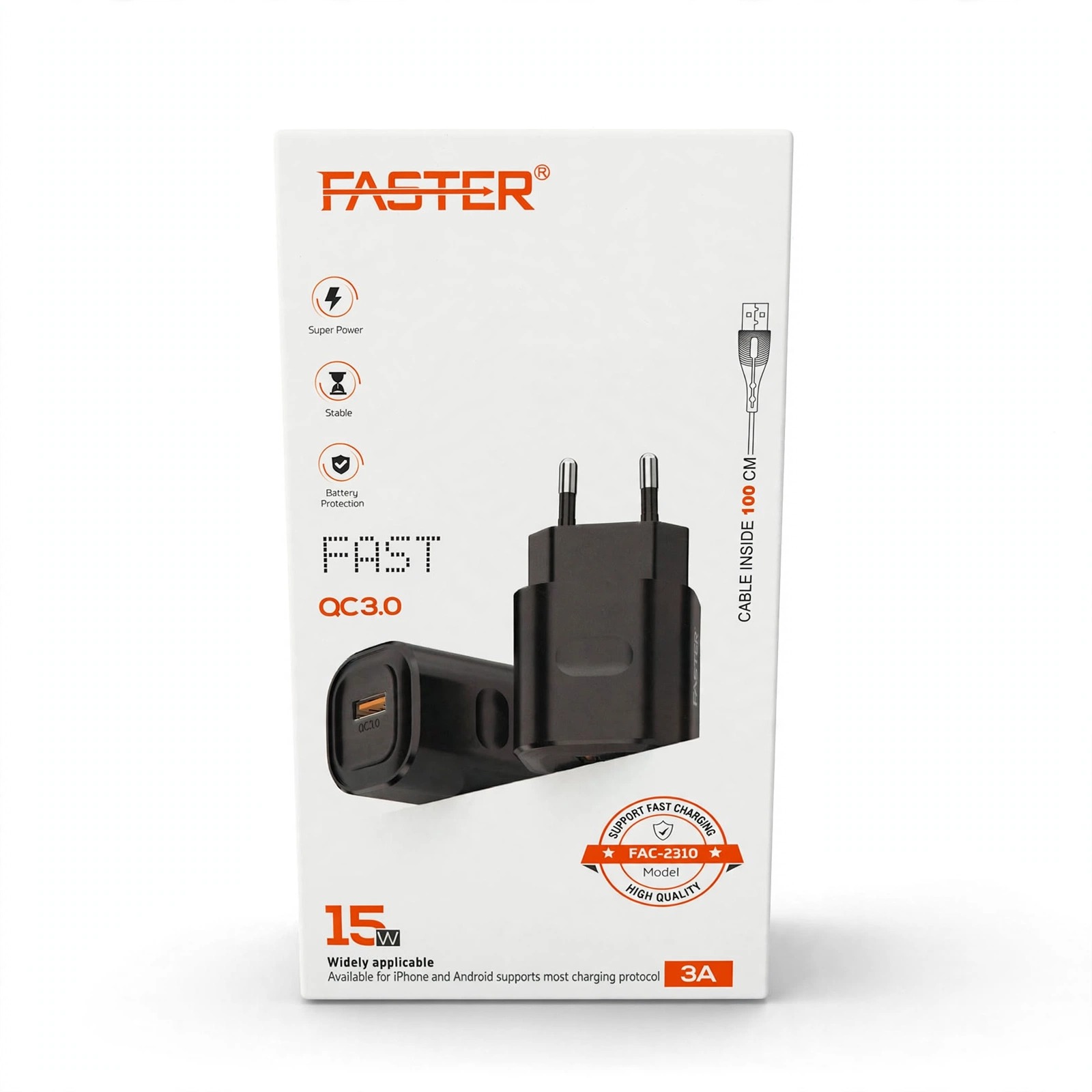 Faster FAC-2310 15W QC 3.0 Fast Charger – 3A with 100CM Cable