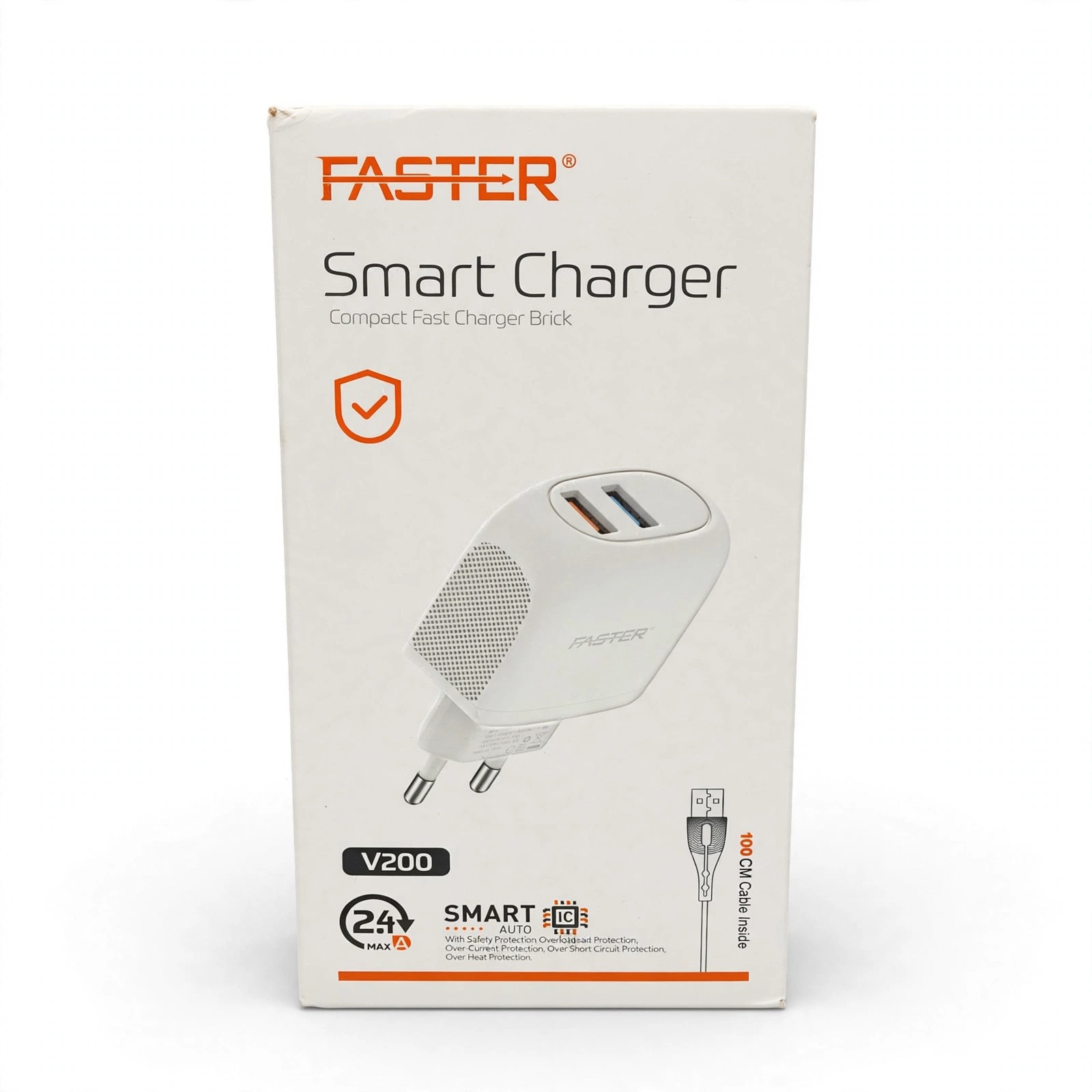 Faster V200 Smart Charger – 2.4A Compact Fast Charger Brick with Cable