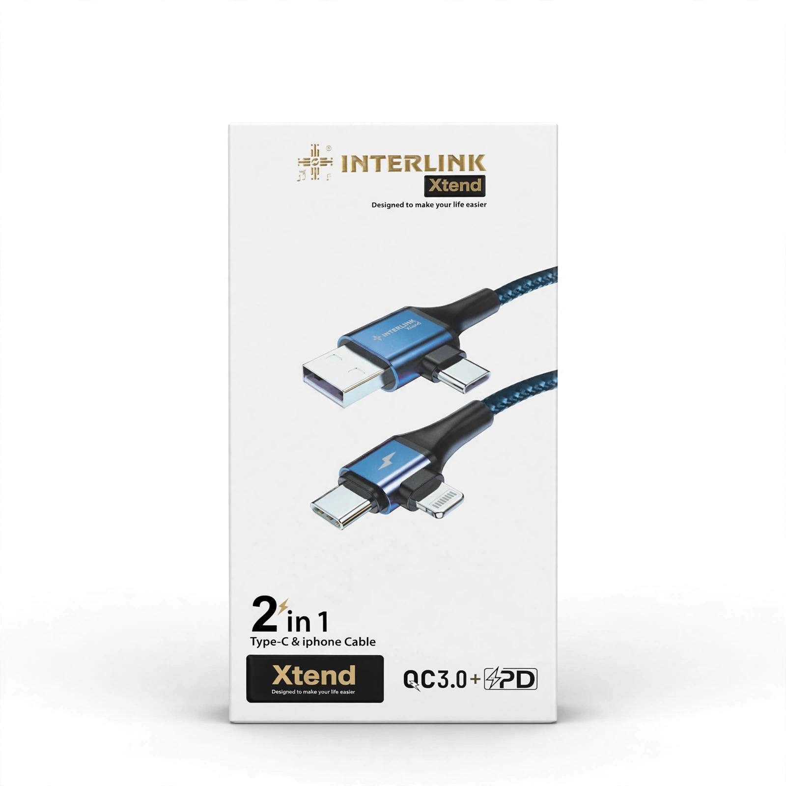 Interlink Xtend 2 in 1 Cable – Type-C & iPhone, QC 3.0 + PD Fast Charging