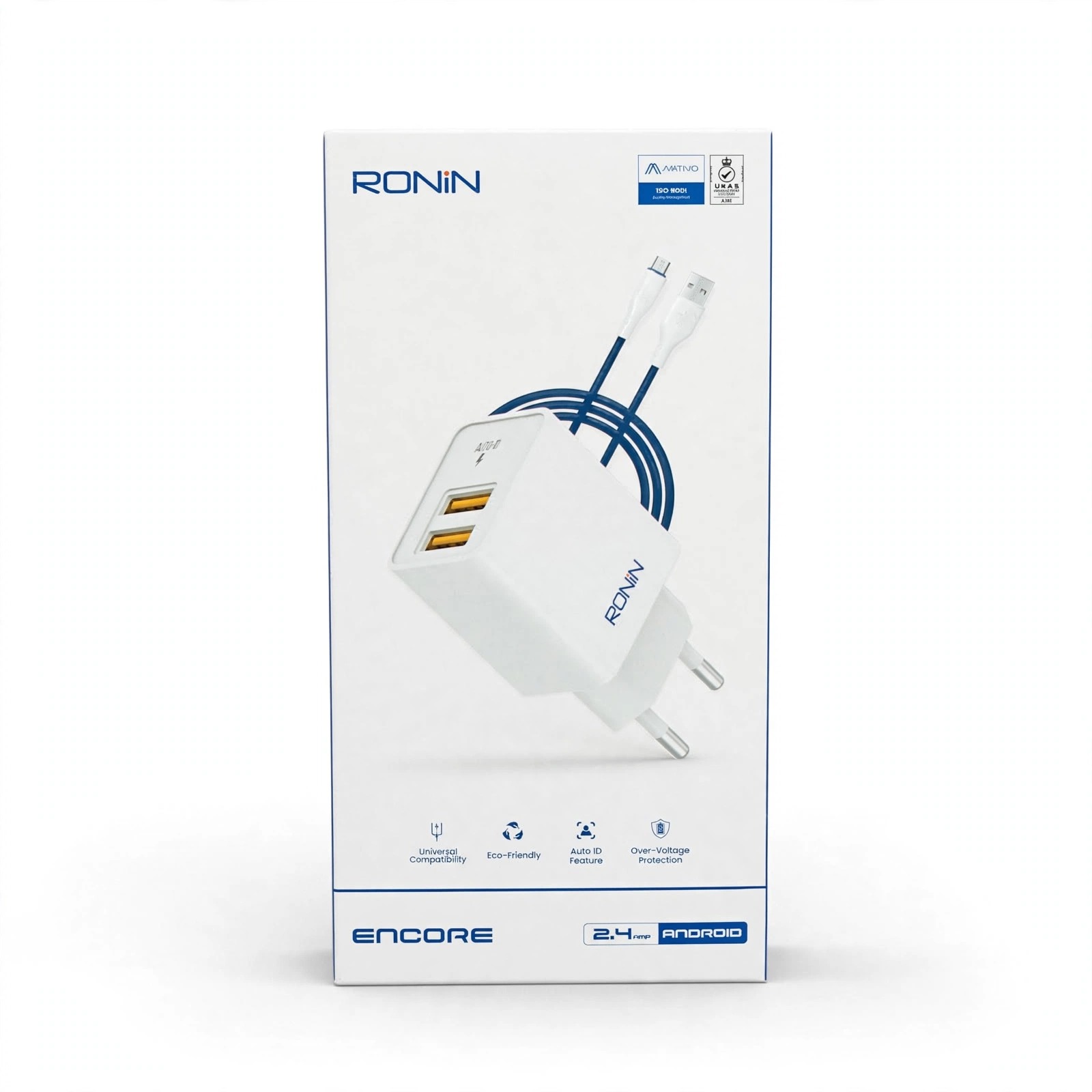 Ronin Encore 2.4A Android Fast Charger – Dual USB with Cable