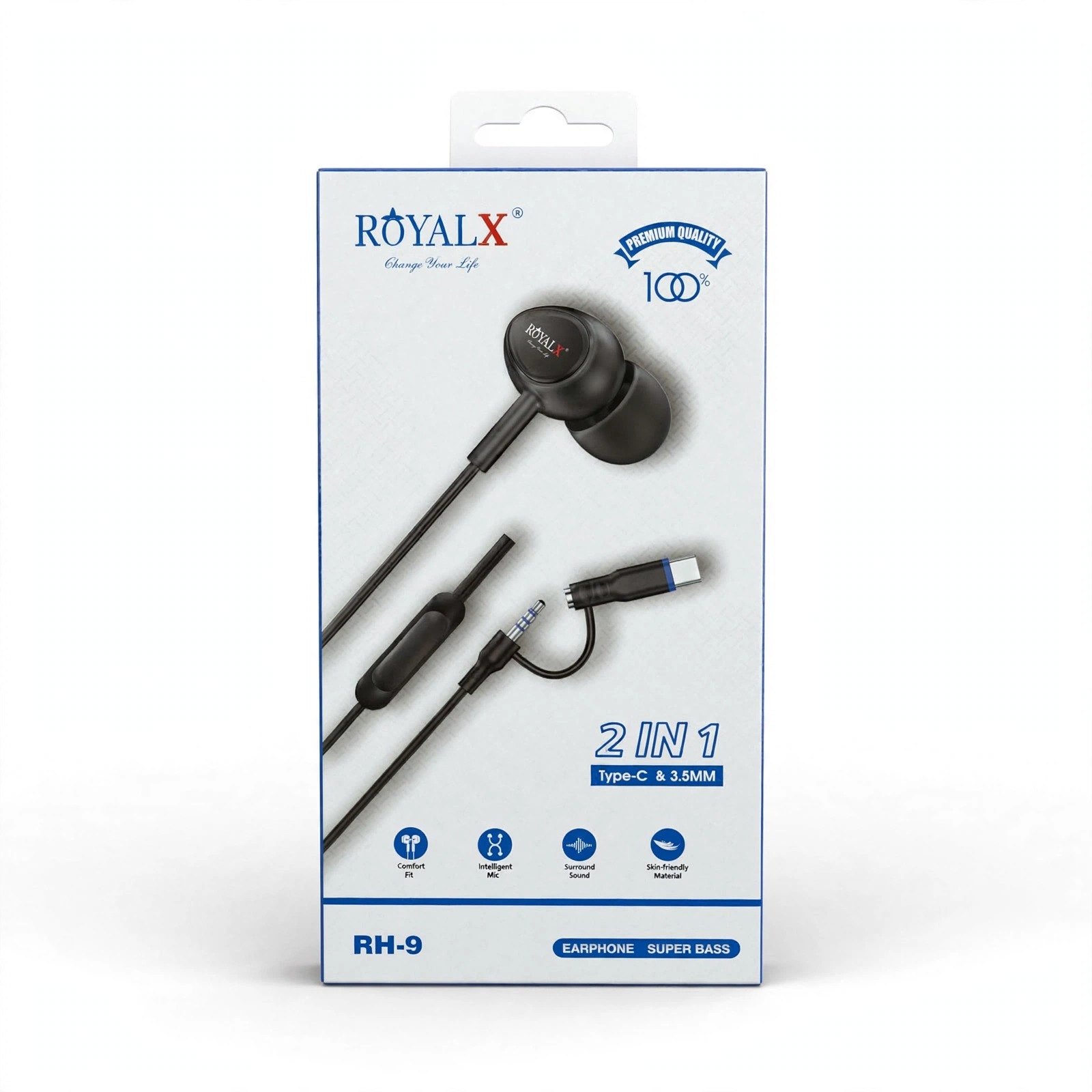 RoyalX RH-9 Earphone 2 in 1 – Type-C & 3.5mm Super Bass Handsfree